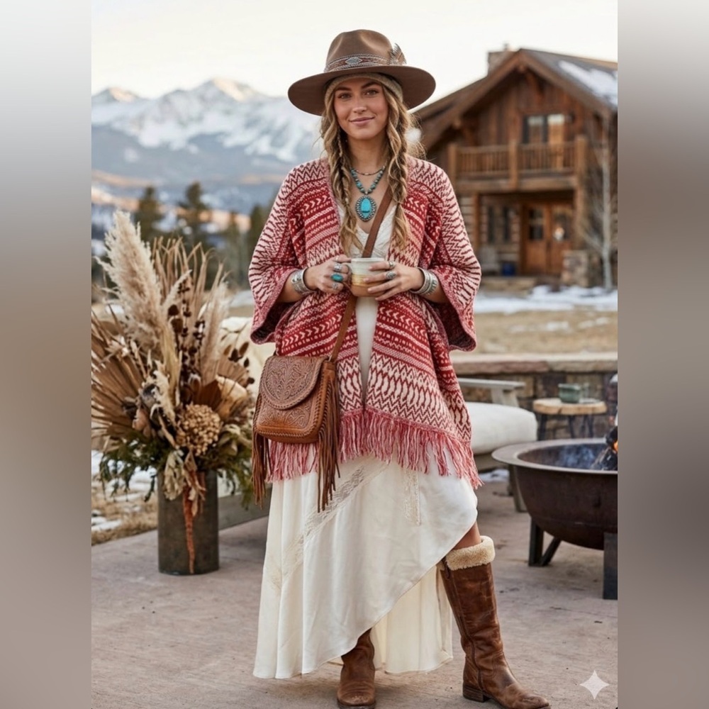 ROOMMATES Boho Fringe Kimono Cardigan” or “Bohemian Open Front Fringe Wrap”